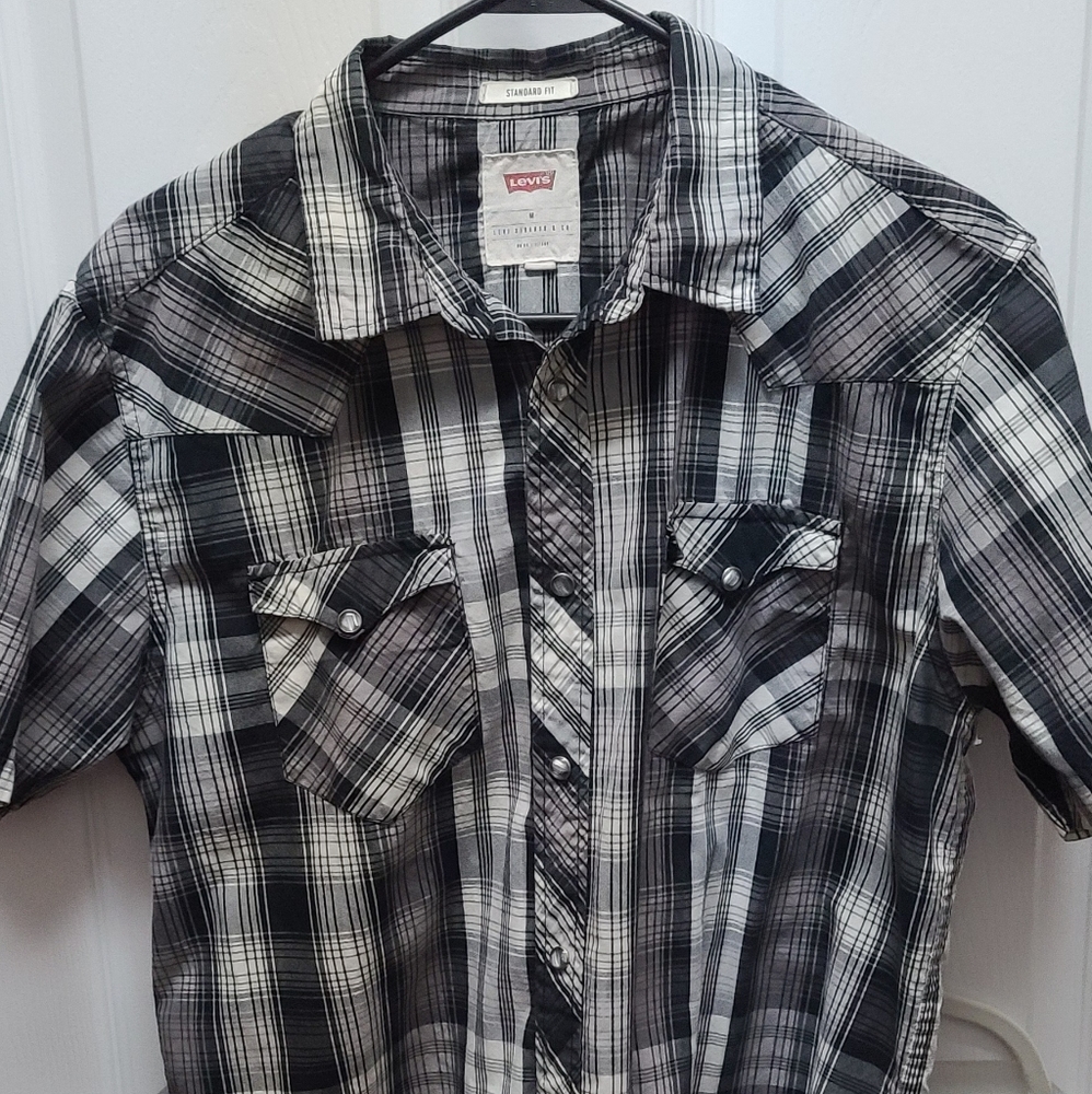Men's medium black white and gray plaid button-down shirt